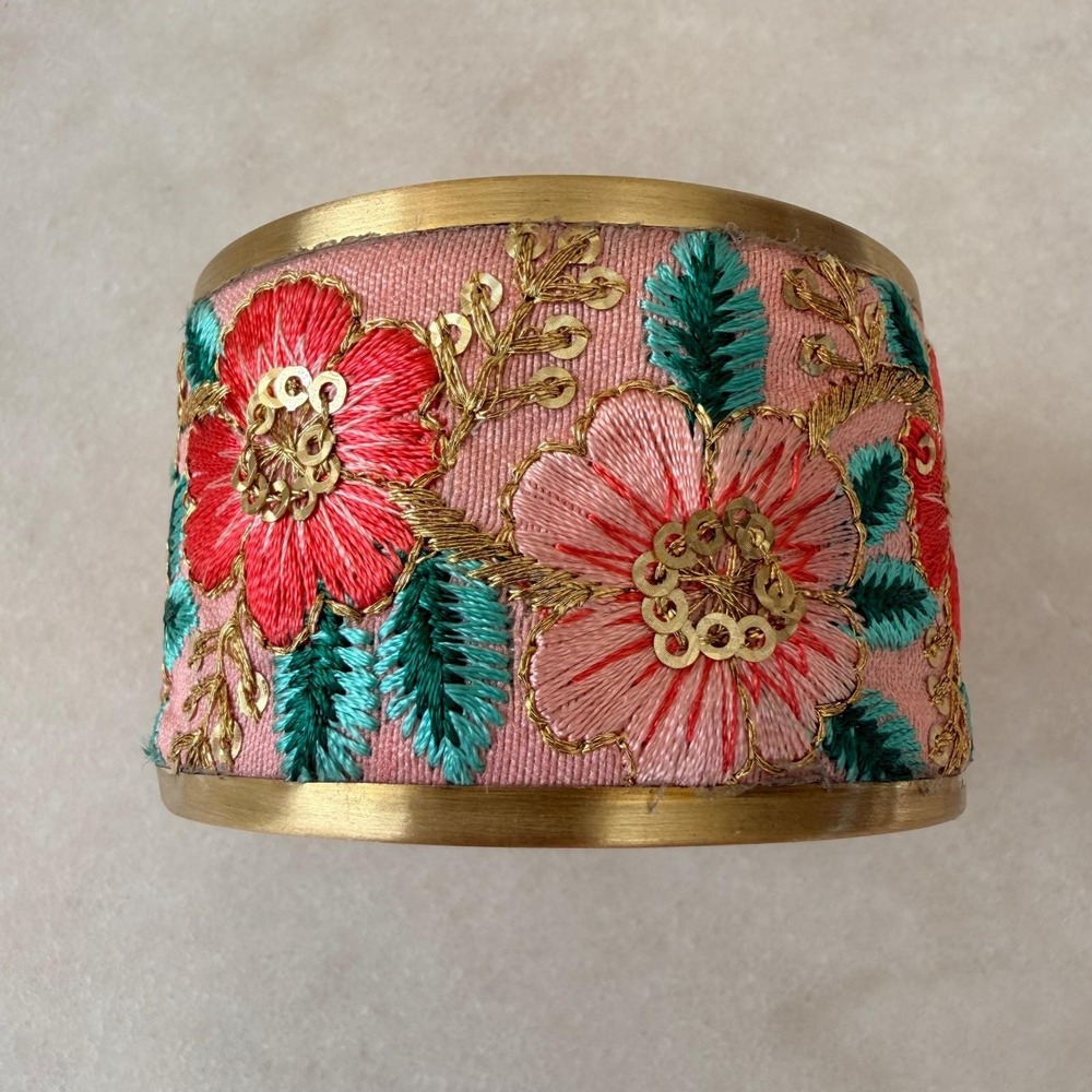 Bohemian‎ Floral Embroidered Wide Cuff Bracelet Gold Tone Pink Sequin Statement - Picture 2 of 11